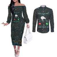 New Zealand is Calling and I Must Go Couples Matching Off The Shoulder Long Sleeve Dress and Long Sleeve Button Shirt Kiwi Bird Silhouette TS04 Multicolor - Polynesian Pride