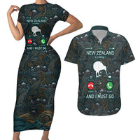 New Zealand is Calling and I Must Go Couples Matching Short Sleeve Bodycon Dress and Hawaiian Shirt Kiwi Bird Silhouette TS04 Multicolor - Polynesian Pride