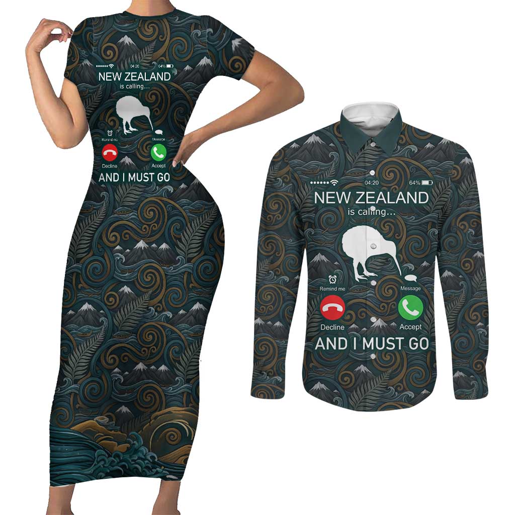 New Zealand is Calling and I Must Go Couples Matching Short Sleeve Bodycon Dress and Long Sleeve Button Shirt Kiwi Bird Silhouette TS04 Multicolor - Polynesian Pride