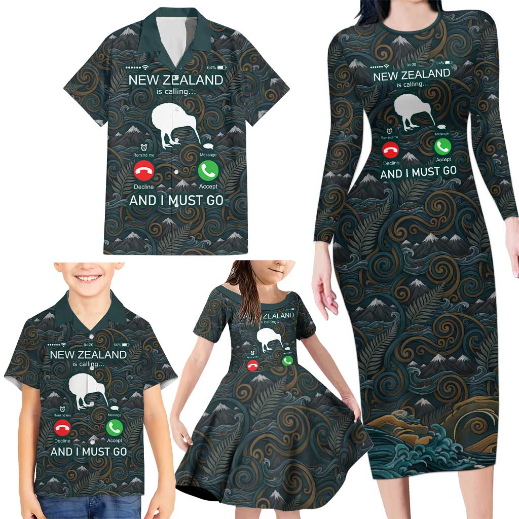 New Zealand is Calling and I Must Go Family Matching Long Sleeve Bodycon Dress and Hawaiian Shirt Kiwi Bird Silhouette TS04 - Polynesian Pride