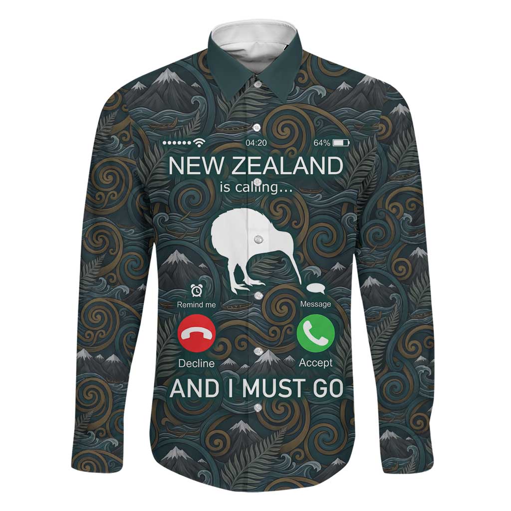 New Zealand is Calling and I Must Go Family Matching Mermaid Dress and Hawaiian Shirt Kiwi Bird Silhouette TS04 Dad's Shirt - Long Sleeve Multicolor - Polynesian Pride