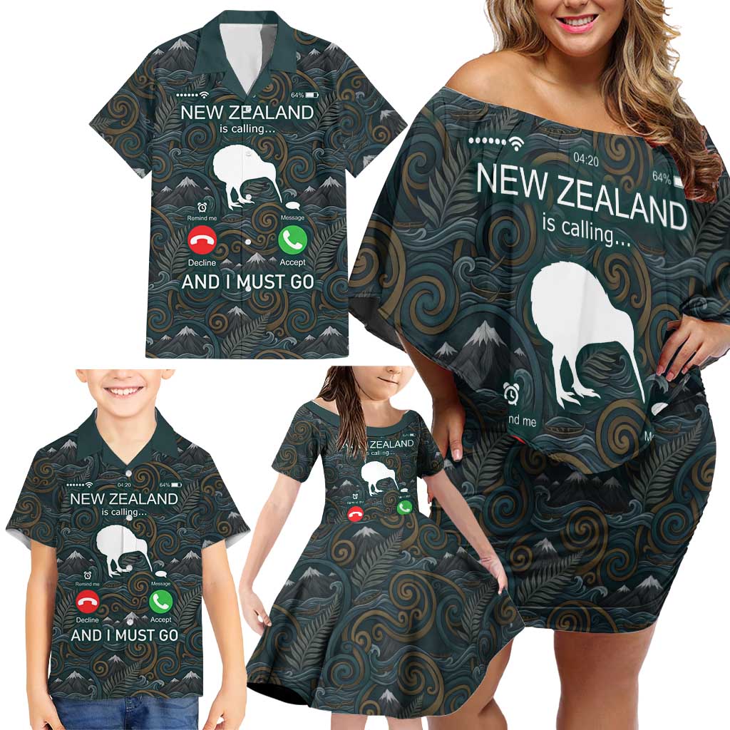 New Zealand is Calling and I Must Go Family Matching Off Shoulder Short Dress and Hawaiian Shirt Kiwi Bird Silhouette TS04 - Polynesian Pride