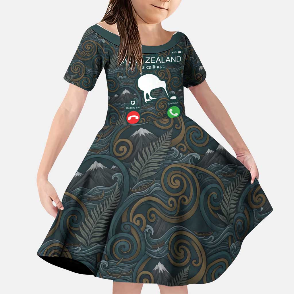 New Zealand is Calling and I Must Go Family Matching Short Sleeve Bodycon Dress and Hawaiian Shirt Kiwi Bird Silhouette TS04 Daughter's Dress Multicolor - Polynesian Pride