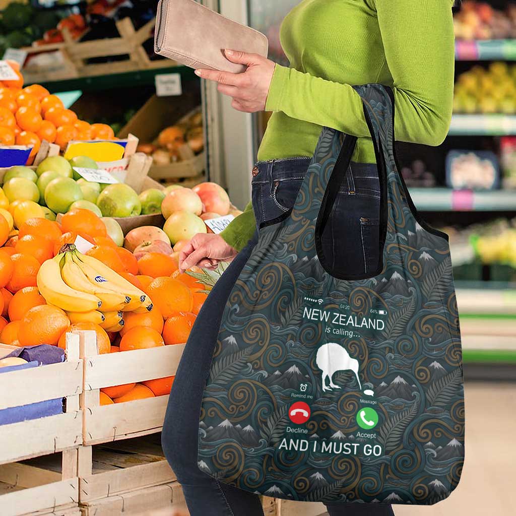 New Zealand is Calling and I Must Go Grocery Bag Kiwi Bird Silhouette