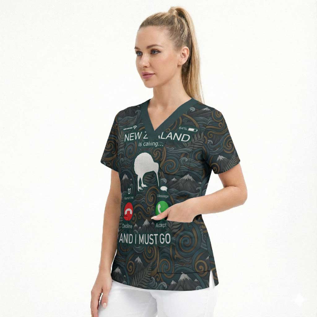 New Zealand is Calling and I Must Go Scrub Top Kiwi Bird Silhouette