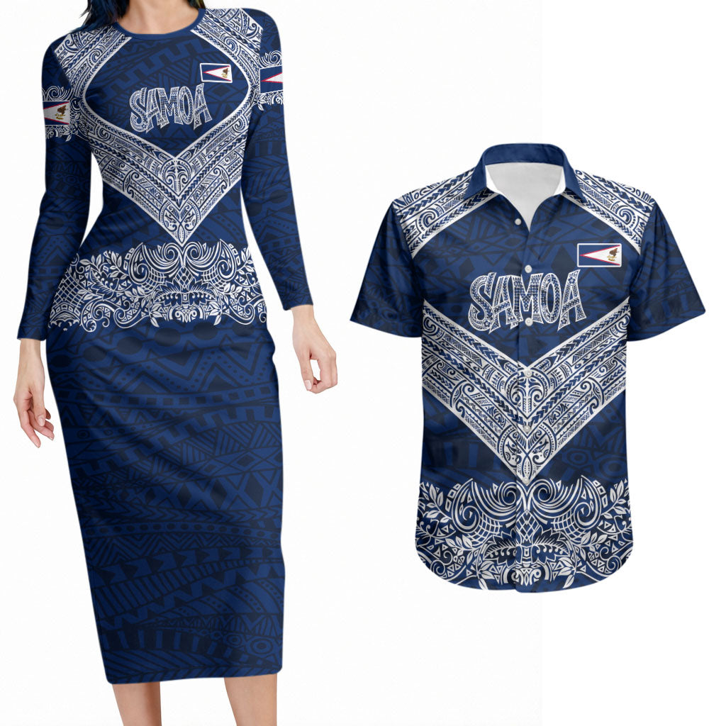 American Samoa Eagle Couples Matching Long Sleeve Bodycon Dress and Hawaiian Shirt Sea Turtle Traditional Polynesian Tribal Tattoo TS04 Blue White - Polynesian Pride