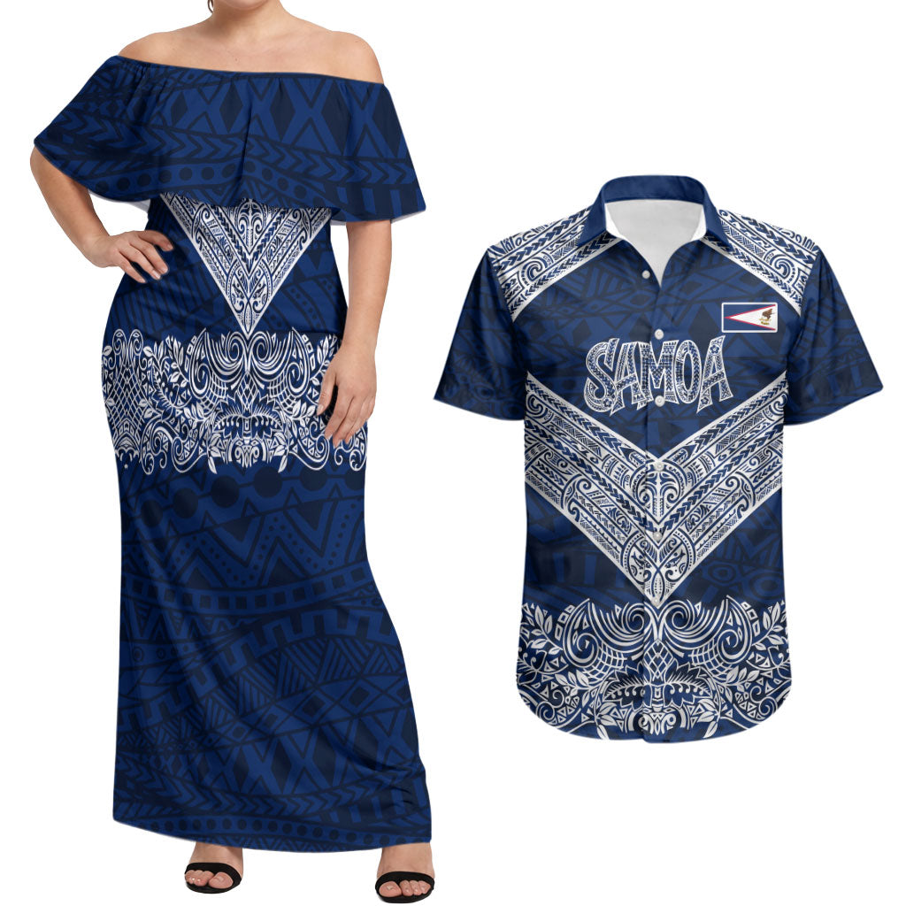 American Samoa Eagle Couples Matching Off Shoulder Maxi Dress and Hawaiian Shirt Sea Turtle Traditional Polynesian Tribal Tattoo