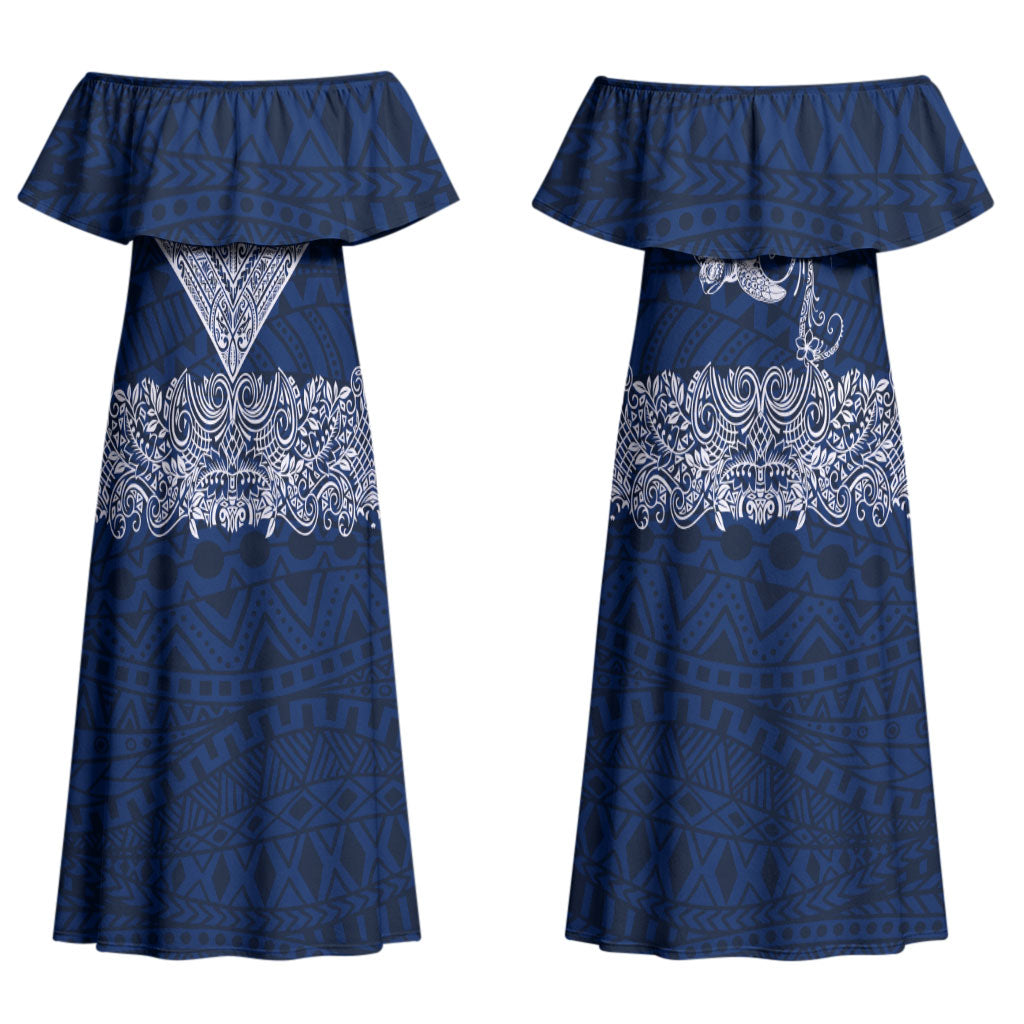 American Samoa Eagle Couples Matching Off Shoulder Maxi Dress and Long Sleeve Button Shirt Sea Turtle Traditional Polynesian Tribal Tattoo