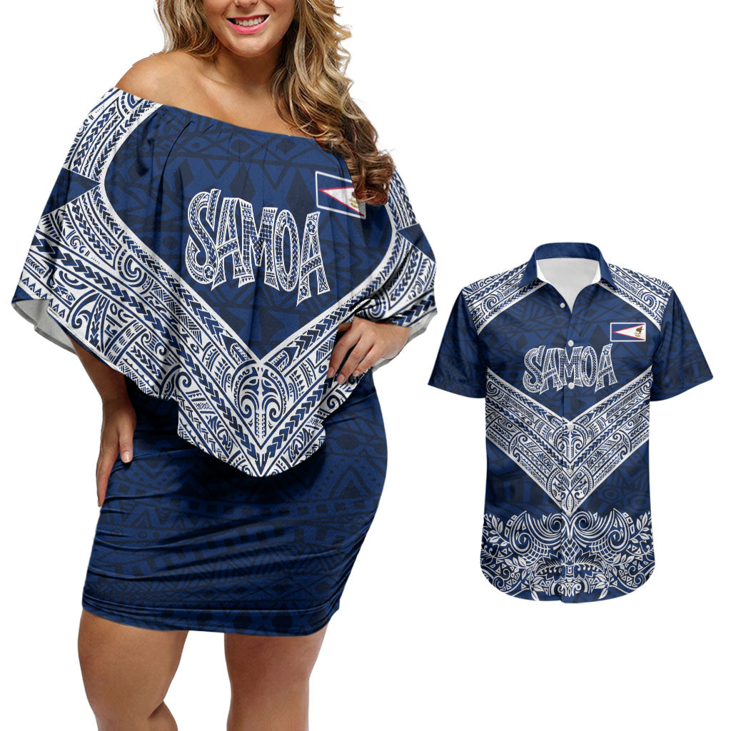 American Samoa Eagle Couples Matching Off Shoulder Short Dress and Hawaiian Shirt Sea Turtle Traditional Polynesian Tribal Tattoo