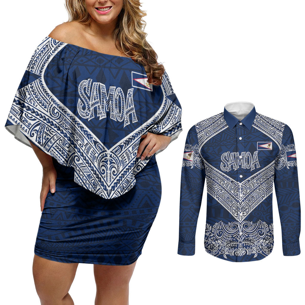 American Samoa Eagle Couples Matching Off Shoulder Short Dress and Long Sleeve Button Shirt Sea Turtle Traditional Polynesian Tribal Tattoo
