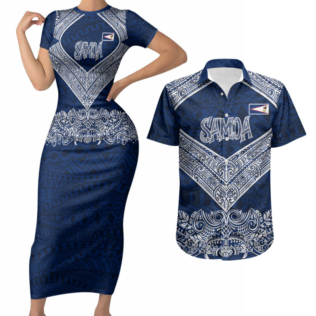 American Samoa Eagle Couples Matching Short Sleeve Bodycon Dress and Hawaiian Shirt Sea Turtle Traditional Polynesian Tribal Tattoo