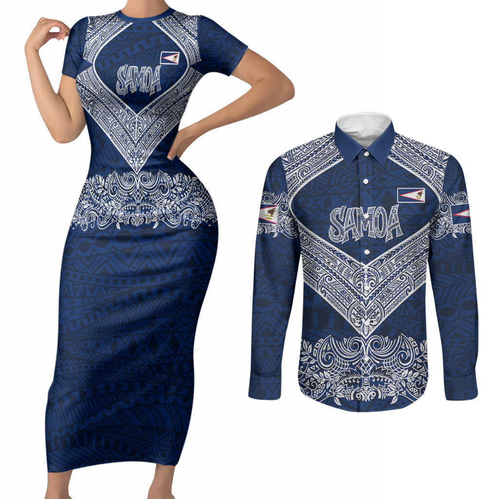 American Samoa Eagle Couples Matching Short Sleeve Bodycon Dress and Long Sleeve Button Shirt Sea Turtle Traditional Polynesian Tribal Tattoo