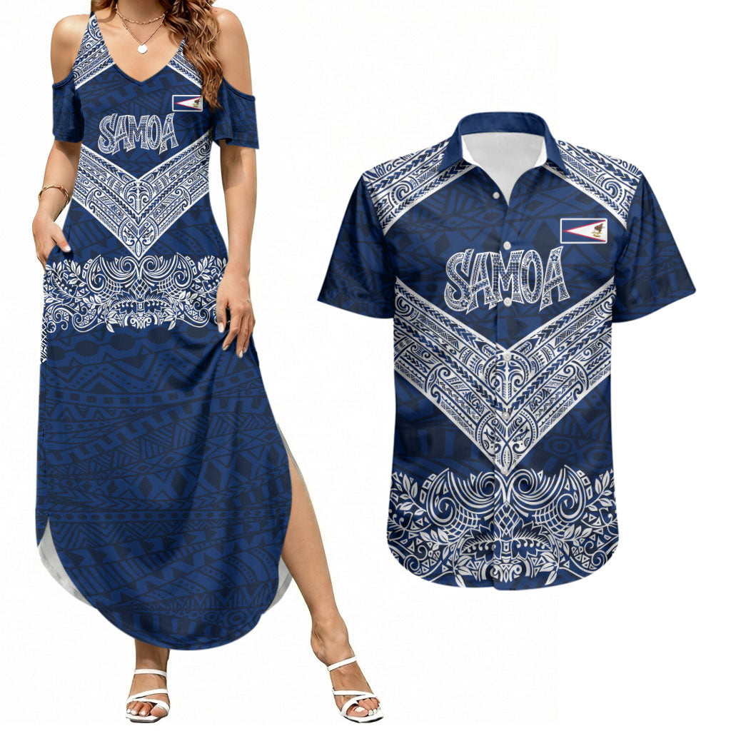 American Samoa Eagle Couples Matching Summer Maxi Dress and Hawaiian Shirt Sea Turtle Traditional Polynesian Tribal Tattoo