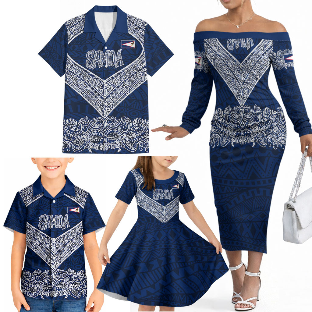 American Samoa Eagle Family Matching Off The Shoulder Long Sleeve Dress and Hawaiian Shirt Sea Turtle Traditional Polynesian Tribal Tattoo