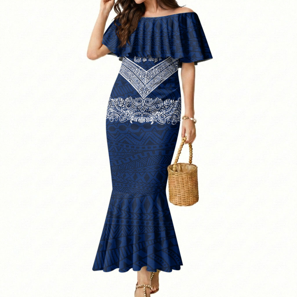 American Samoa Eagle Mermaid Dress Sea Turtle Traditional Polynesian Tribal Tattoo TS04 Women Blue White - Polynesian Pride