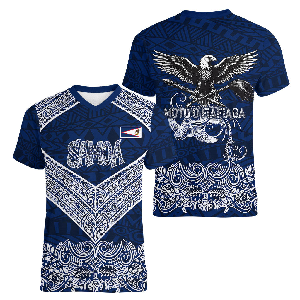 American Samoa Eagle Women V-Neck T-Shirt Sea Turtle Traditional Polynesian Tribal Tattoo