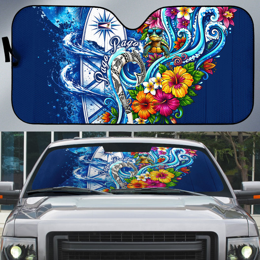 American Samoa Pago Pago Auto Sun Shade Sea Turtle And Fruit Bat - Tropical Hibiscus Flowers Polynesian