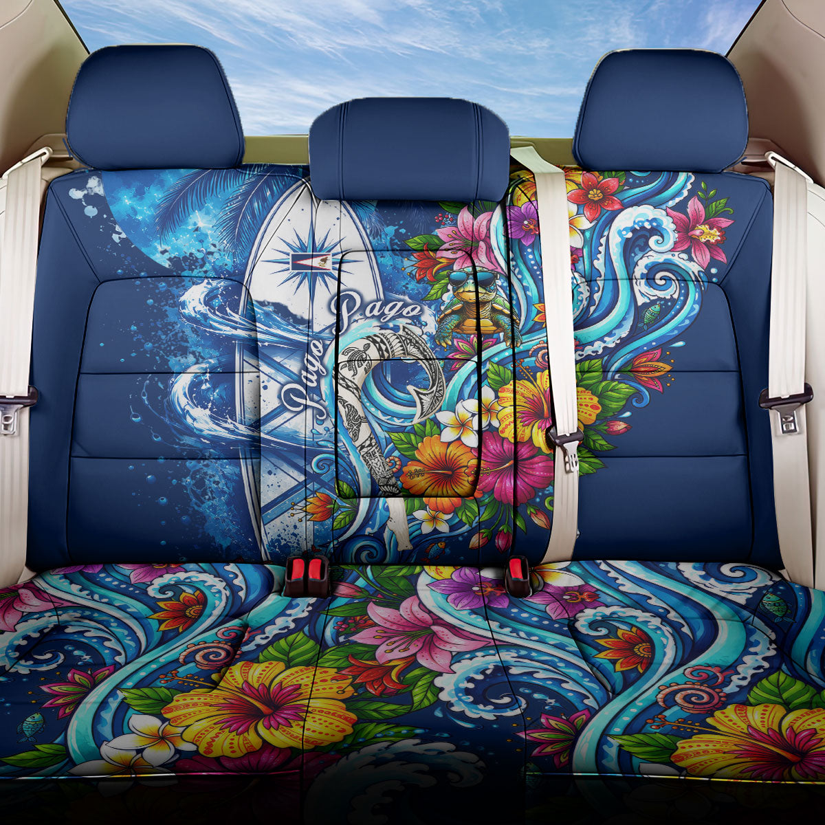 American Samoa Pago Pago Back Car Seat Cover Sea Turtle And Fruit Bat - Tropical Hibiscus Flowers Polynesian