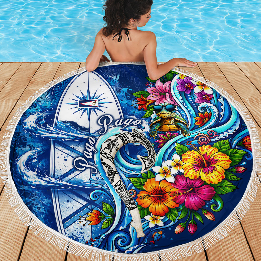American Samoa Pago Pago Beach Blanket Sea Turtle And Fruit Bat - Tropical Hibiscus Flowers Polynesian