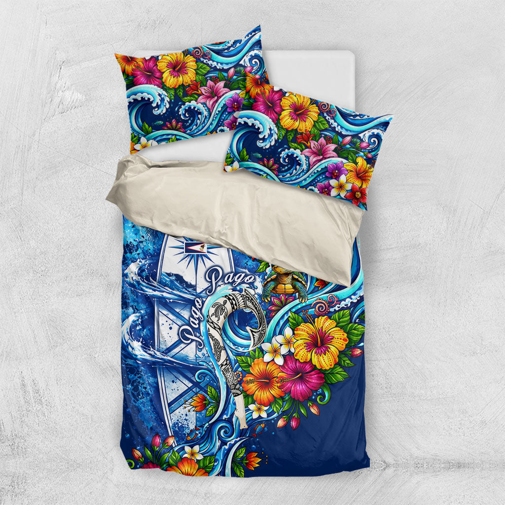 American Samoa Pago Pago Bedding Set Sea Turtle And Fruit Bat - Tropical Hibiscus Flowers Polynesian