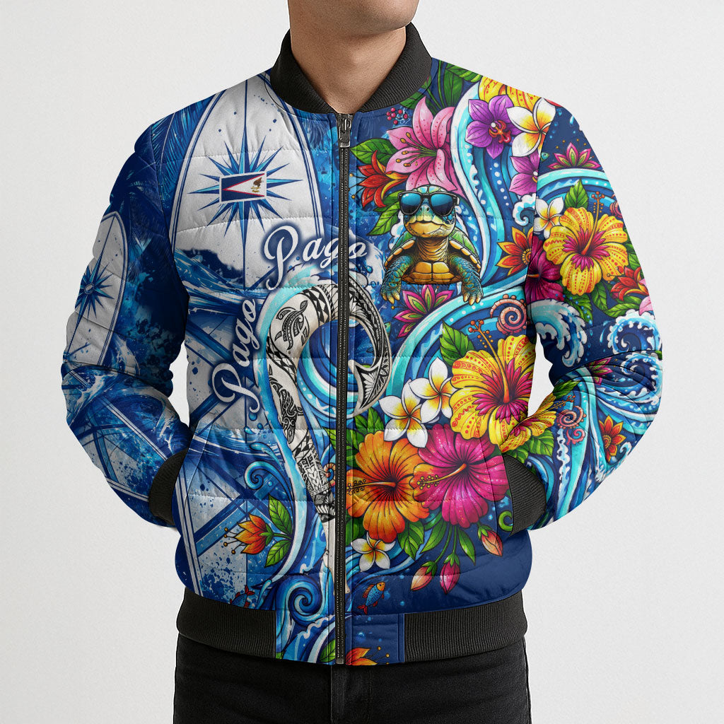 American Samoa Pago Pago Bomber Puffer Jacket Sea Turtle And Fruit Bat - Tropical Hibiscus Flowers Polynesian