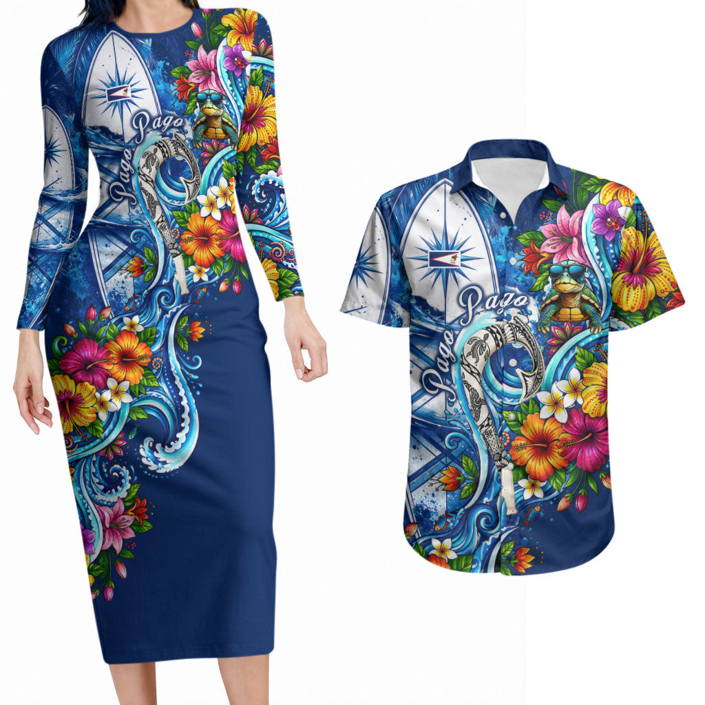 American Samoa Pago Pago Couples Matching Long Sleeve Bodycon Dress and Hawaiian Shirt Sea Turtle And Fruit Bat - Tropical Hibiscus Flowers Polynesian