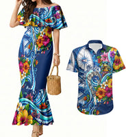American Samoa Pago Pago Couples Matching Mermaid Dress and Hawaiian Shirt Sea Turtle And Fruit Bat - Tropical Hibiscus Flowers Polynesian