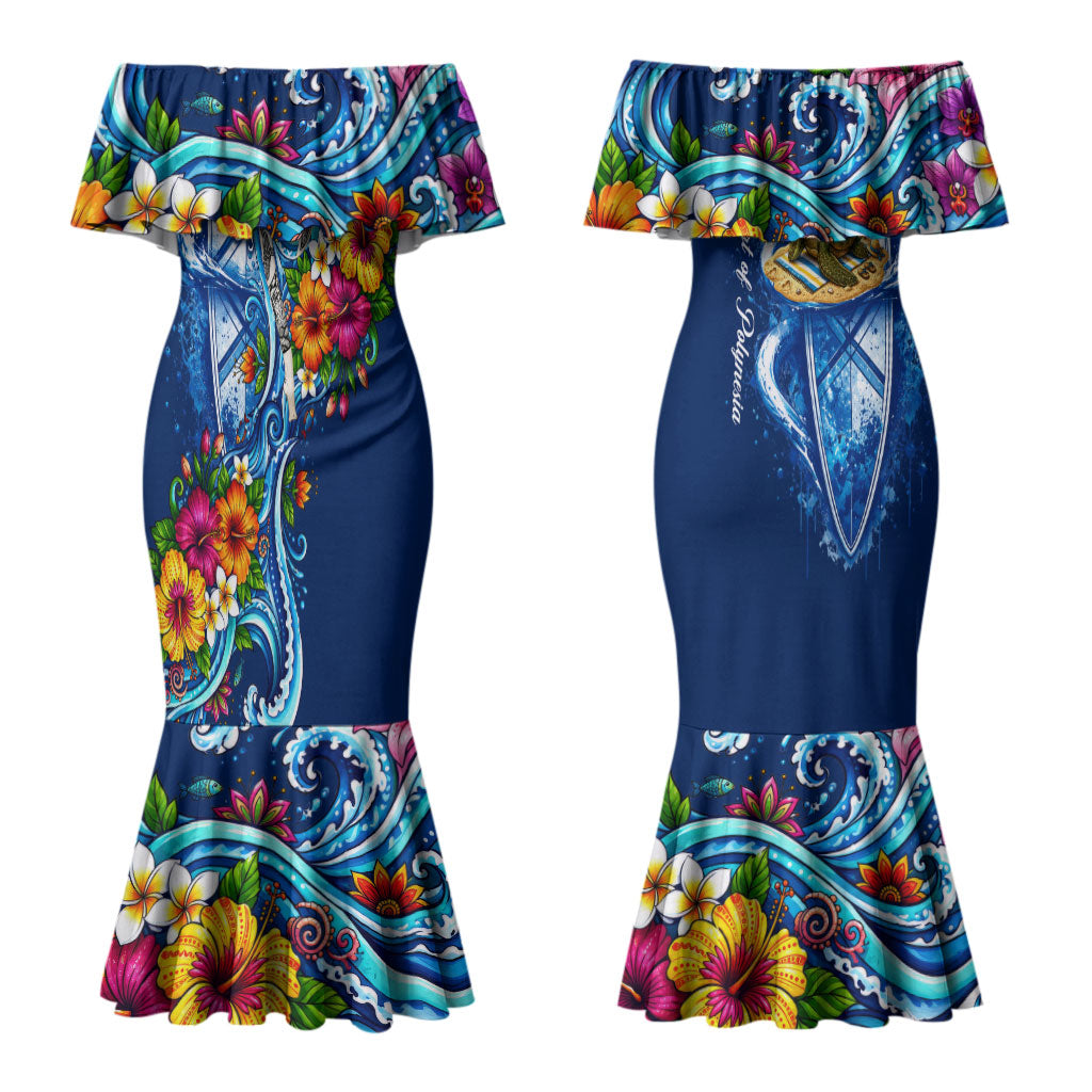 American Samoa Pago Pago Couples Matching Mermaid Dress and Hawaiian Shirt Sea Turtle And Fruit Bat - Tropical Hibiscus Flowers Polynesian