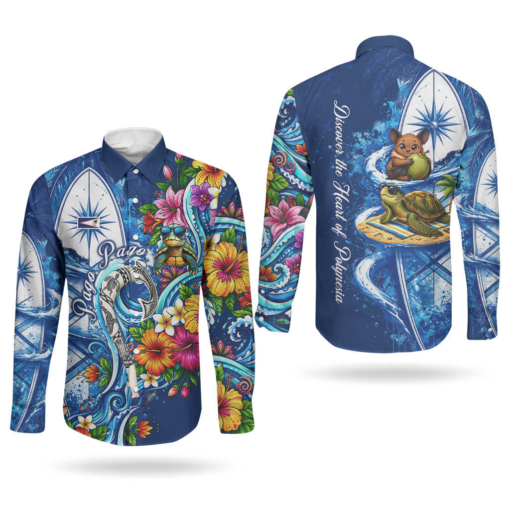 American Samoa Pago Pago Couples Matching Off Shoulder Maxi Dress and Long Sleeve Button Shirt Sea Turtle And Fruit Bat - Tropical Hibiscus Flowers Polynesian