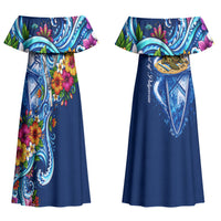 American Samoa Pago Pago Couples Matching Off Shoulder Maxi Dress and Long Sleeve Button Shirt Sea Turtle And Fruit Bat - Tropical Hibiscus Flowers Polynesian