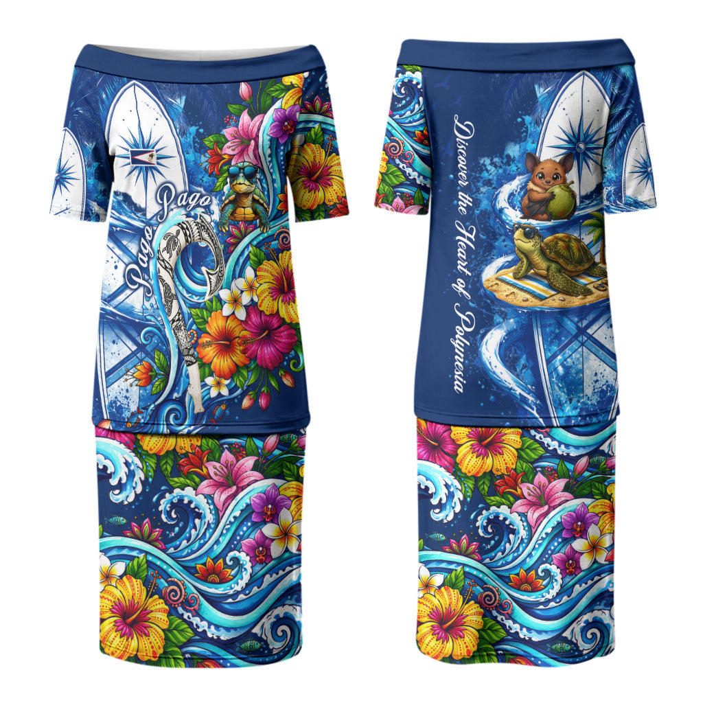 American Samoa Pago Pago Couples Matching Puletasi and Long Sleeve Button Shirt Sea Turtle And Fruit Bat - Tropical Hibiscus Flowers Polynesian