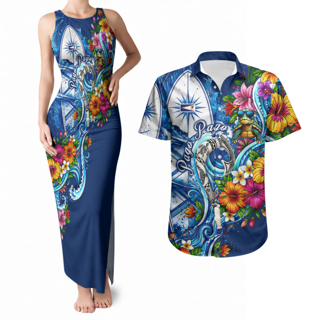 American Samoa Pago Pago Couples Matching Tank Maxi Dress and Hawaiian Shirt Sea Turtle And Fruit Bat - Tropical Hibiscus Flowers Polynesian TS04 Blue White - Polynesian Pride