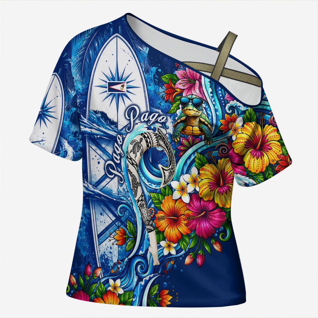 American Samoa Pago Pago Cross Shoulder Shirt Sea Turtle And Fruit Bat - Tropical Hibiscus Flowers Polynesian