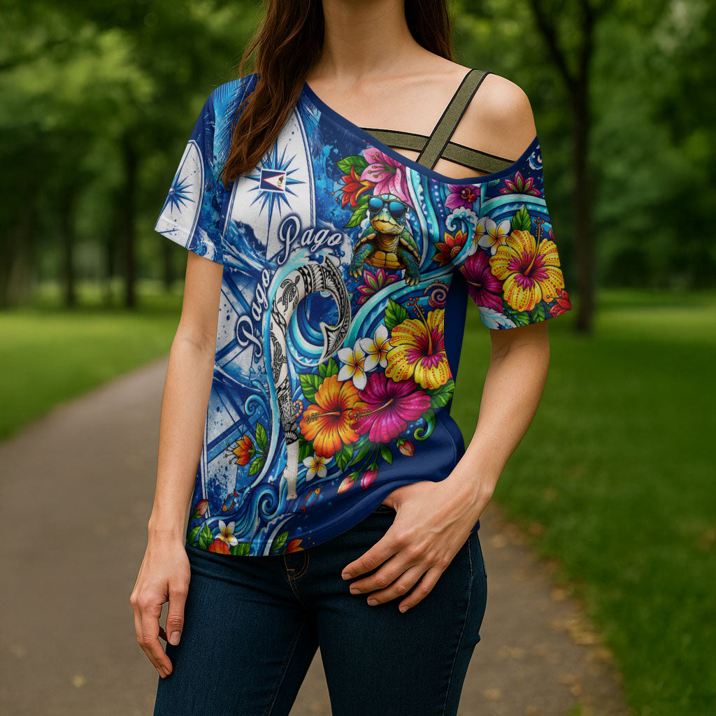 American Samoa Pago Pago Cross Shoulder Shirt Sea Turtle And Fruit Bat - Tropical Hibiscus Flowers Polynesian