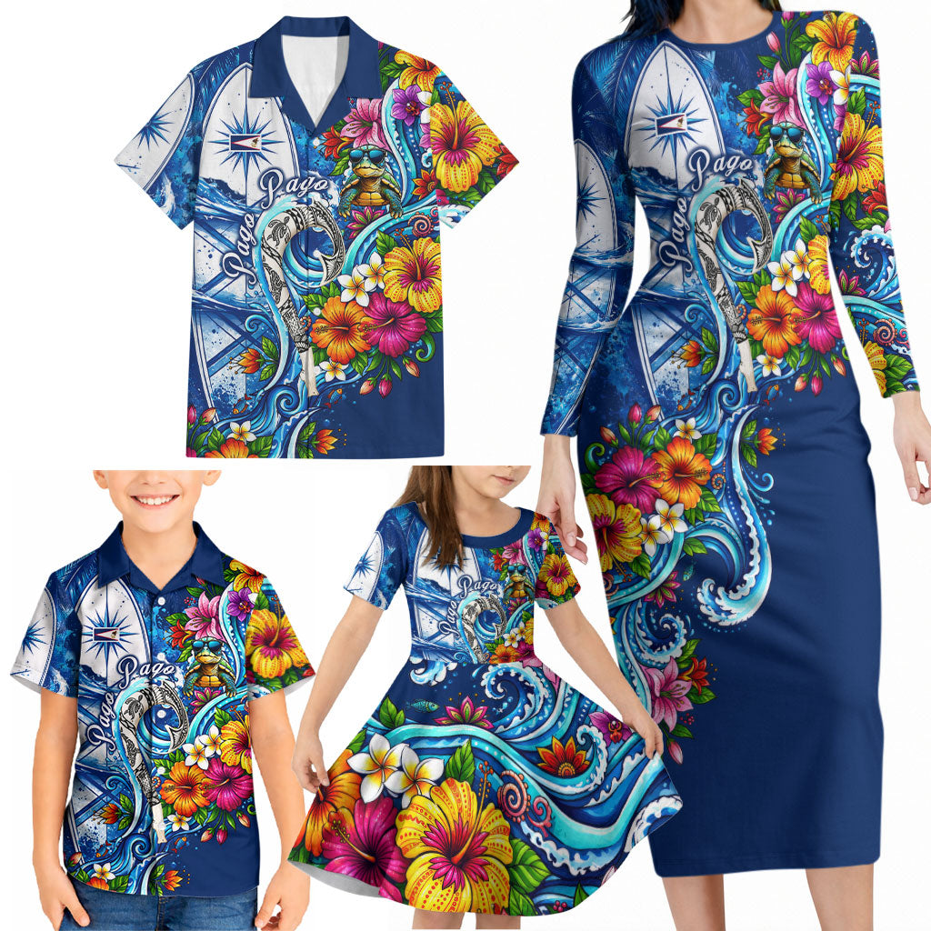 American Samoa Pago Pago Family Matching Long Sleeve Bodycon Dress and Hawaiian Shirt Sea Turtle And Fruit Bat - Tropical Hibiscus Flowers Polynesian