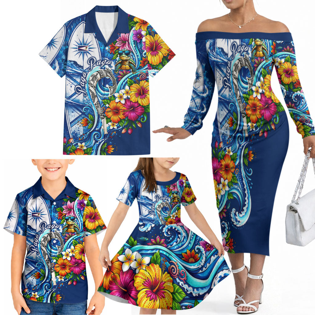 American Samoa Pago Pago Family Matching Off The Shoulder Long Sleeve Dress and Hawaiian Shirt Sea Turtle And Fruit Bat - Tropical Hibiscus Flowers Polynesian TS04 - Polynesian Pride