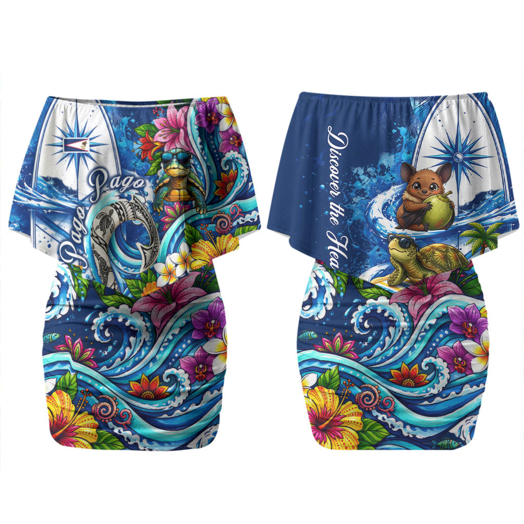 American Samoa Pago Pago Family Matching Off Shoulder Short Dress and Hawaiian Shirt Sea Turtle And Fruit Bat - Tropical Hibiscus Flowers Polynesian
