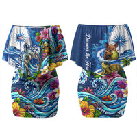 American Samoa Pago Pago Family Matching Off Shoulder Short Dress and Hawaiian Shirt Sea Turtle And Fruit Bat - Tropical Hibiscus Flowers Polynesian