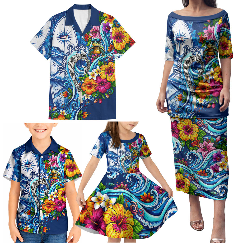 American Samoa Pago Pago Family Matching Puletasi and Hawaiian Shirt Sea Turtle And Fruit Bat - Tropical Hibiscus Flowers Polynesian
