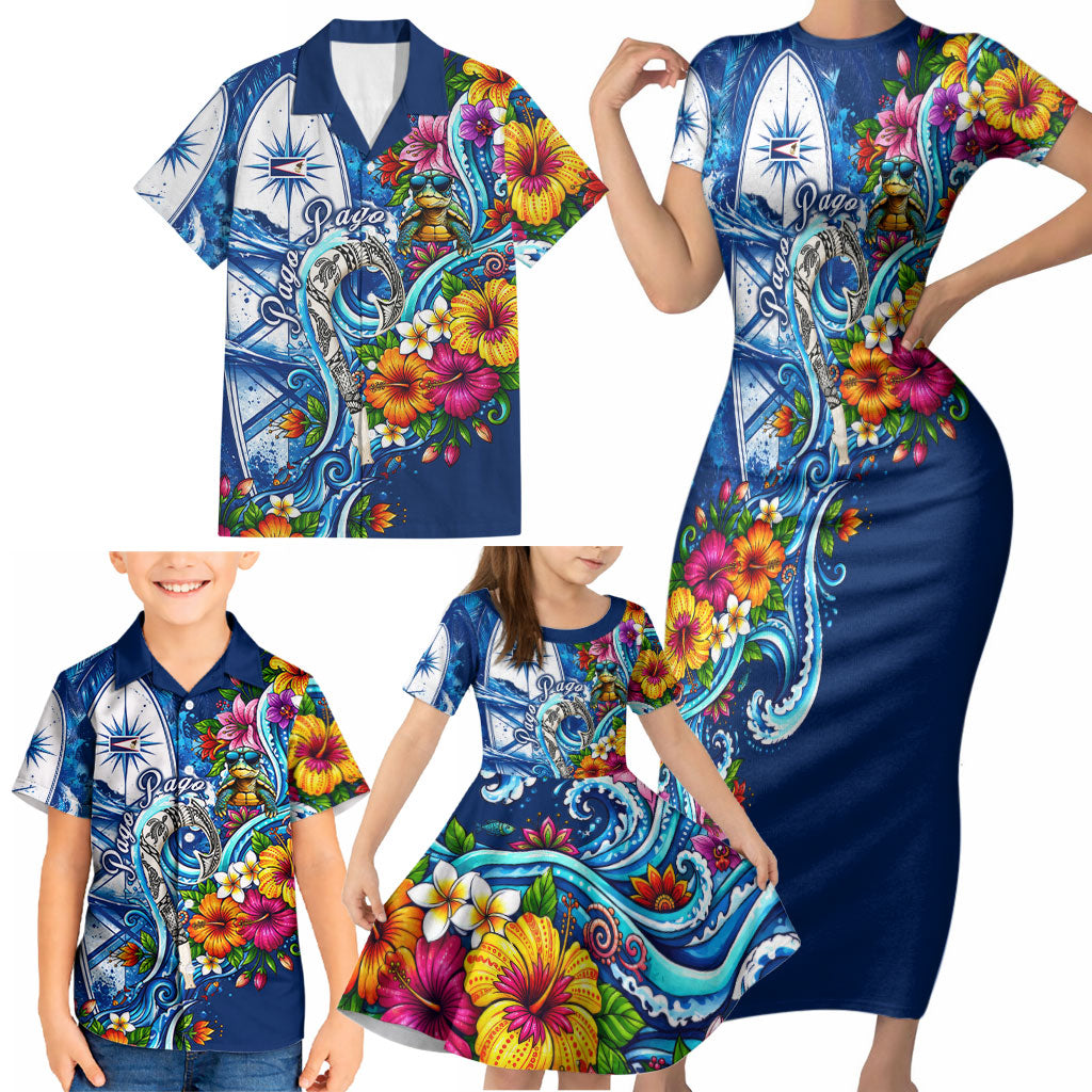 American Samoa Pago Pago Family Matching Short Sleeve Bodycon Dress and Hawaiian Shirt Sea Turtle And Fruit Bat - Tropical Hibiscus Flowers Polynesian