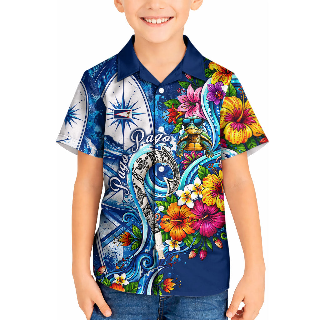 American Samoa Pago Pago Kid Hawaiian Shirt Sea Turtle And Fruit Bat - Tropical Hibiscus Flowers Polynesian