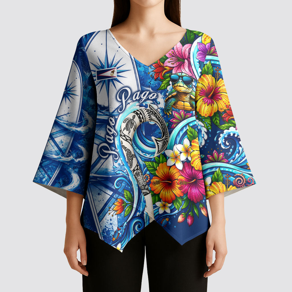 American Samoa Pago Pago Kimono Sleeve Blouse Sea Turtle And Fruit Bat - Tropical Hibiscus Flowers Polynesian