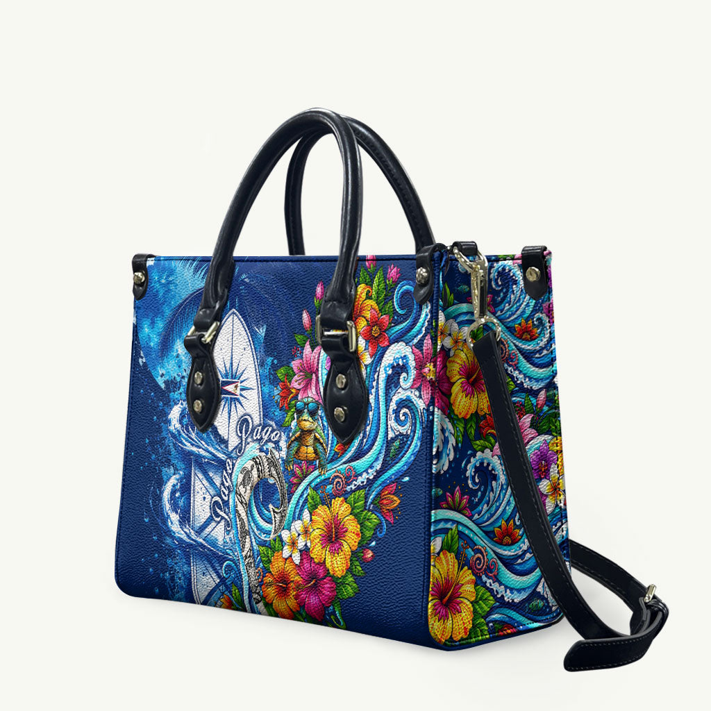 American Samoa Pago Pago Leather Bag Sea Turtle And Fruit Bat - Tropical Hibiscus Flowers Polynesian