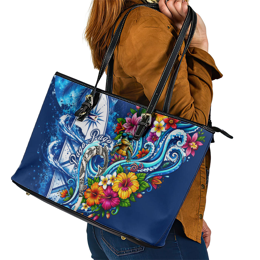 American Samoa Pago Pago Leather Tote Bag Sea Turtle And Fruit Bat - Tropical Hibiscus Flowers Polynesian