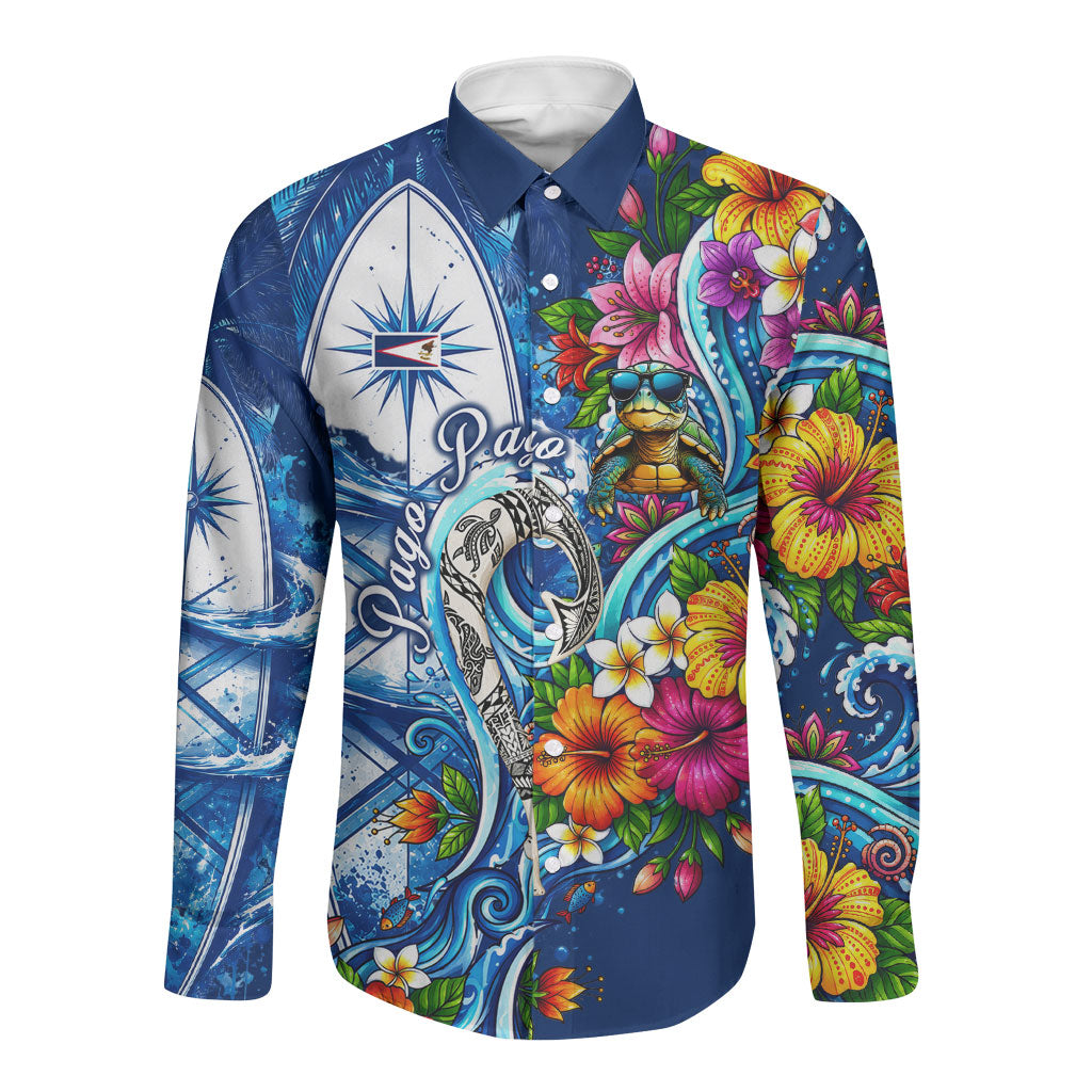 American Samoa Pago Pago Long Sleeve Button Shirt Sea Turtle And Fruit Bat - Tropical Hibiscus Flowers Polynesian