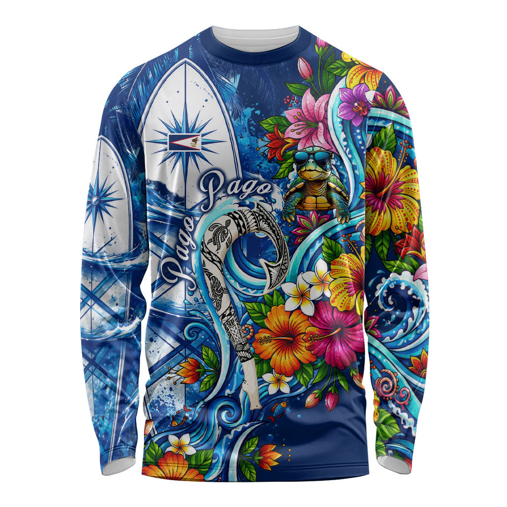 American Samoa Pago Pago Long Sleeve Shirt Sea Turtle And Fruit Bat - Tropical Hibiscus Flowers Polynesian