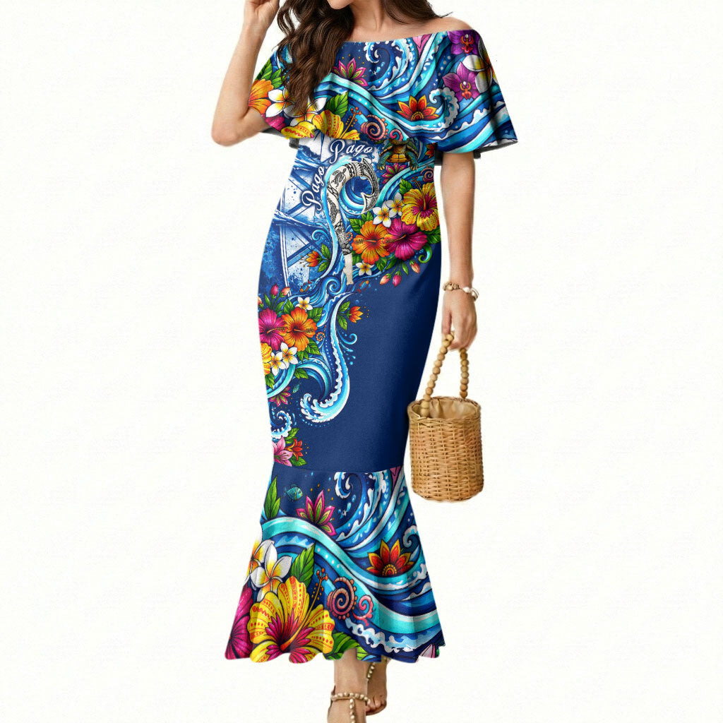 American Samoa Pago Pago Mermaid Dress Sea Turtle And Fruit Bat - Tropical Hibiscus Flowers Polynesian