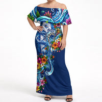 American Samoa Pago Pago Off Shoulder Maxi Dress Sea Turtle And Fruit Bat - Tropical Hibiscus Flowers Polynesian