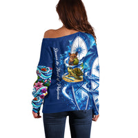 American Samoa Pago Pago Off Shoulder Sweater Sea Turtle And Fruit Bat - Tropical Hibiscus Flowers Polynesian