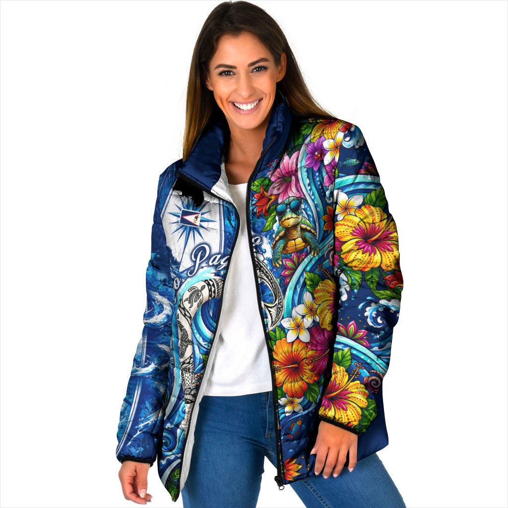 American Samoa Pago Pago Padded Jacket Sea Turtle And Fruit Bat - Tropical Hibiscus Flowers Polynesian